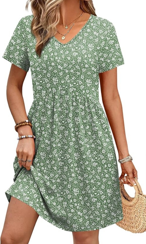 Dresses for Women 2026 Casual Summer V Neck Babydoll Dress Short Sleeve Fashion Beach Vacation Clothes