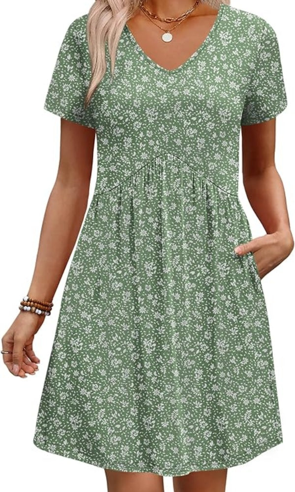 Dresses for Women 2026 Casual Summer V Neck Babydoll Dress Short Sleeve Fashion Beach Vacation Clothes