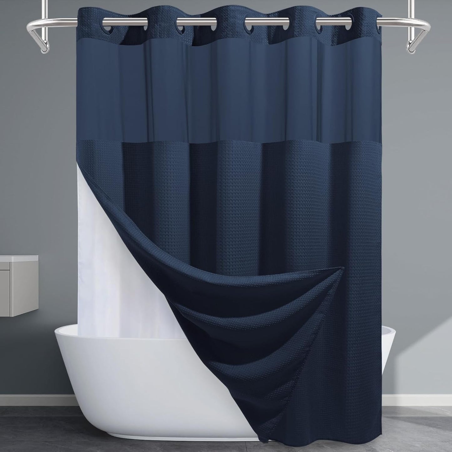 Grey Shower Curtain and Liner Set - 230GSM Waffle Weave Textured Heavy Duty,Hotel Luxury Weighted Bath Curtain,71W x 74H