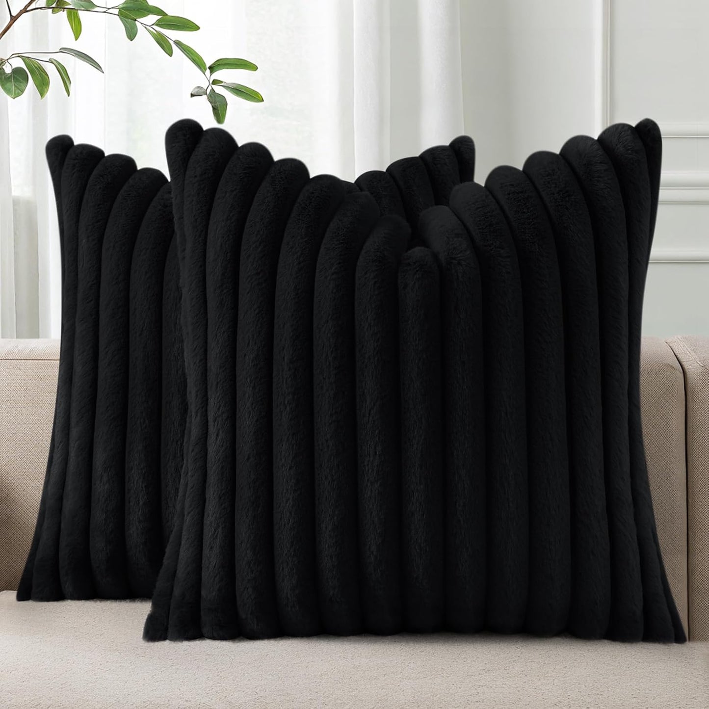 Pallene Faux Fur Plush Throw Pillow Covers 18x18 Set of 2, Luxury Soft Fluffy Striped Decorative Pillow Covers for Sofa, Couch, Living Room, Cream White