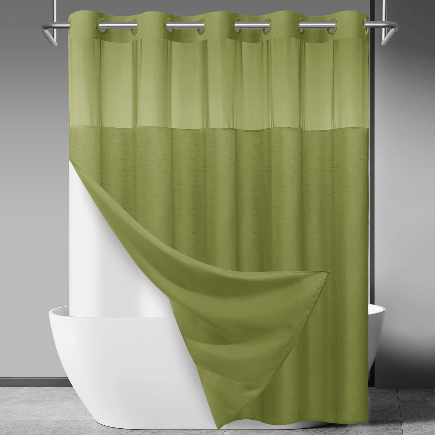 No Hook Slub Textured Shower Curtain with Snap in Liner - Black Fabric Outer Curtain & Waterproof Inner Liner, Hotel Style with See Through Top Window, 71x74 in