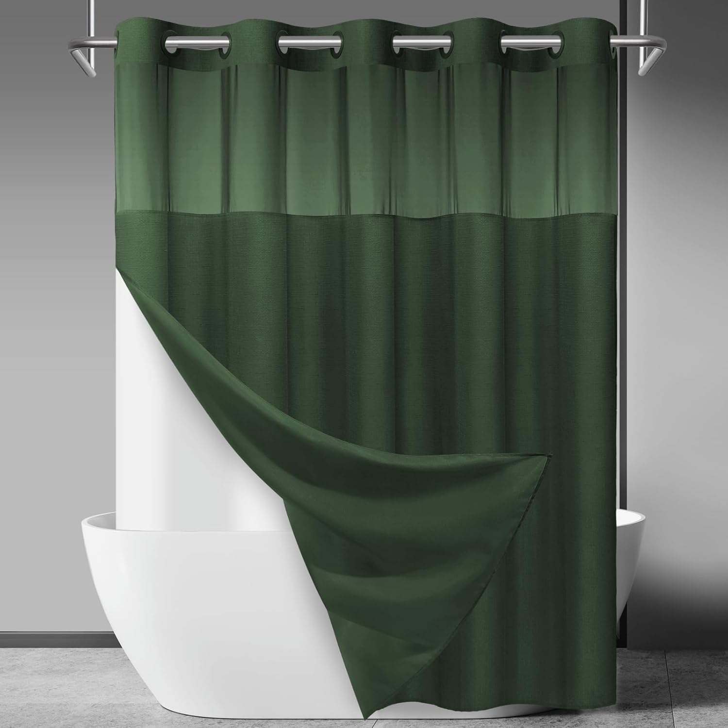 No Hook Slub Textured Shower Curtain with Snap in Liner - Black Fabric Outer Curtain & Waterproof Inner Liner, Hotel Style with See Through Top Window, 71x74 in