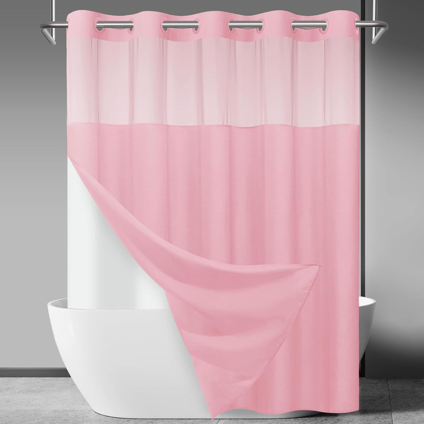 No Hook Slub Textured Shower Curtain with Snap in Liner - Black Fabric Outer Curtain & Waterproof Inner Liner, Hotel Style with See Through Top Window, 71x74 in