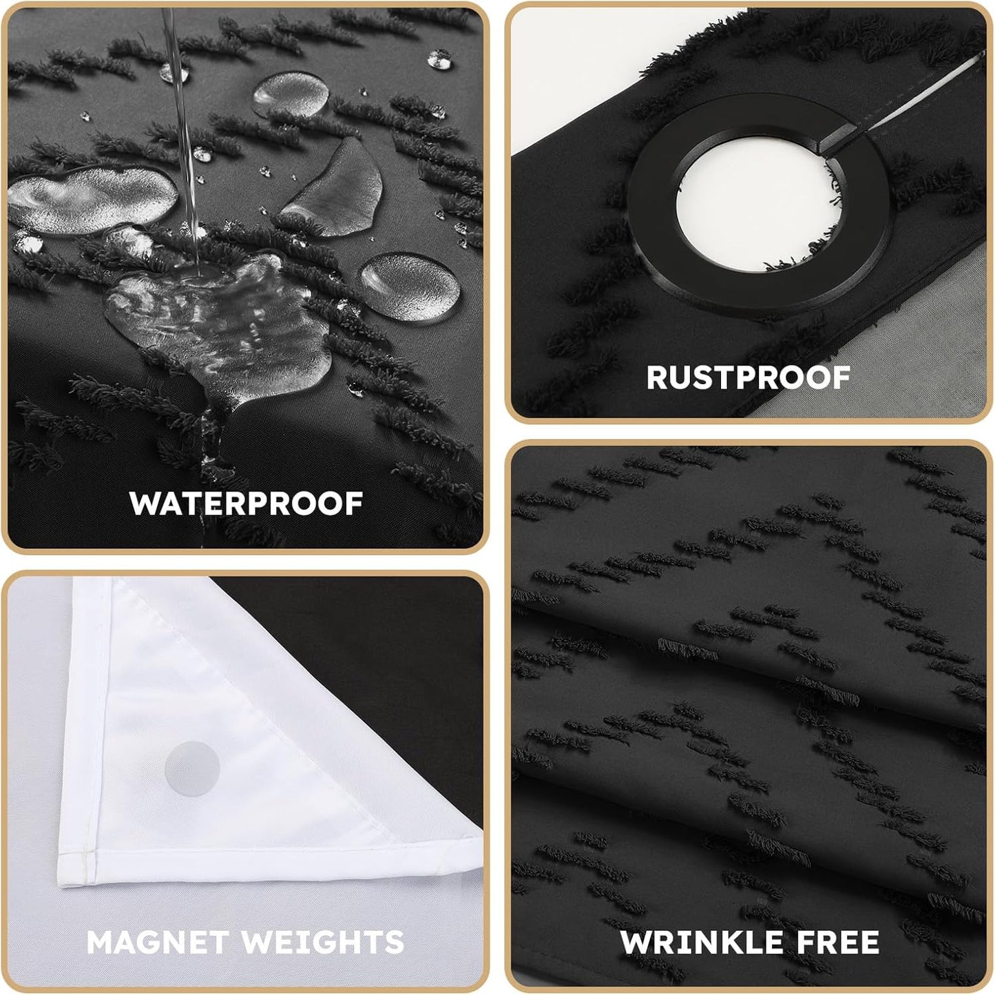 No Hook Shower Curtain and Liner Set, Black Snap in Shower Curtain Ringless Chevron Tufted Cloth Waterproof Washable Fabric Bath Curtain with See Through Top Window for Bathroom Hotel 71" x 74"