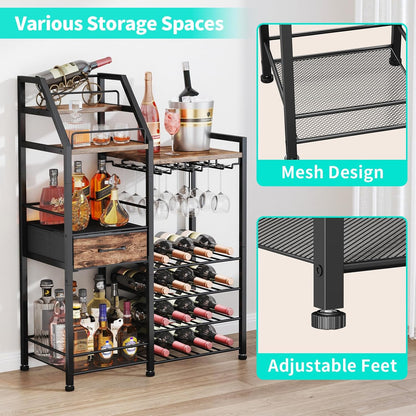 HapiRm Wine Rack Freestanding Floor - Multi-Tier Liquor Cabinet with Fabric Drawer, Liquor Bottle Display Shelf with Glass Holder, Vintage Whiskey Cabinet for Home